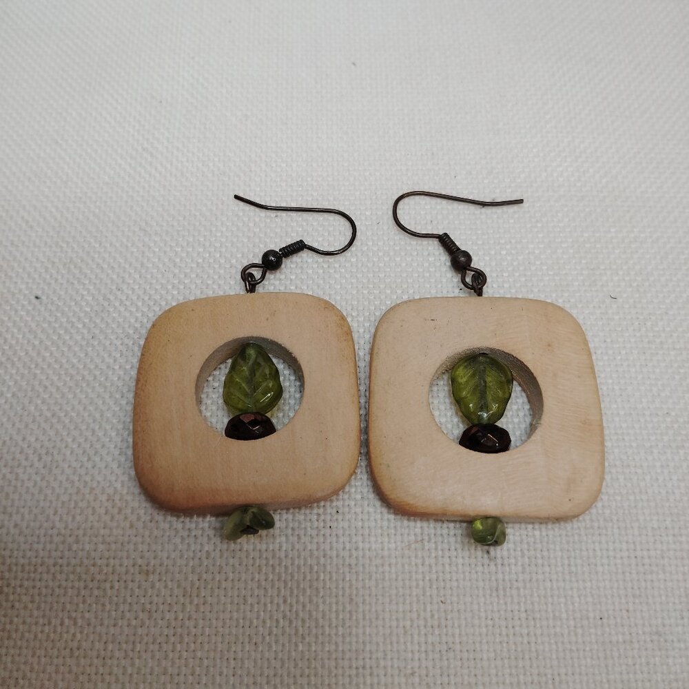 Vintage Wood & Leaf Bead Dangle Earrings – Brass Tone – 2.5" Drop